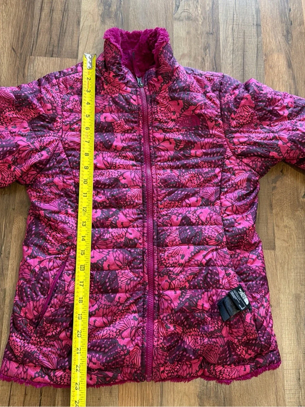 The North Face Reversible Mossbud Jacket Girls L 14 Pink Butterfly Full Zip